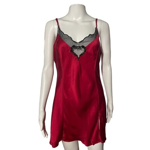 Vintage Y2K Victorias Secret Silk Black Lace Heart SZ L Slip Nightgown in Red Si - Picture 6 of 16